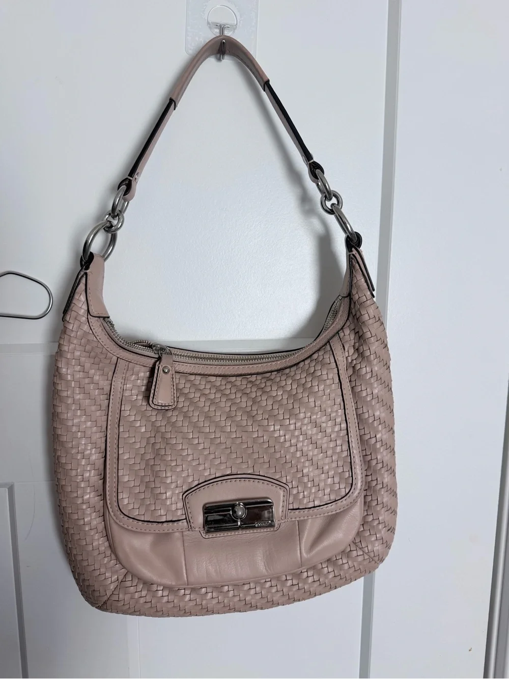 Coach Woven Leather Shoulder Bag Beige Taupe Hobo